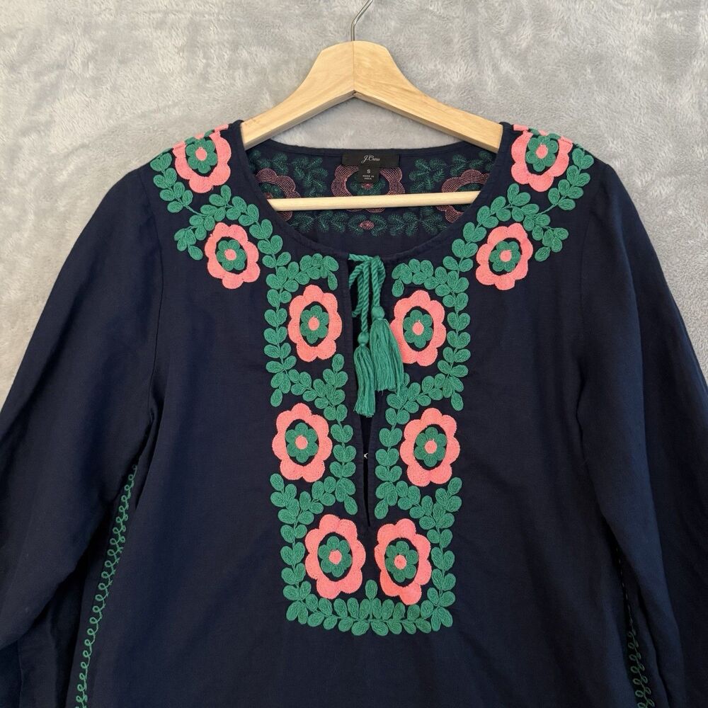 J.Crew Tunic Cover Up Womens Small Navy Linen Blend Boho Beach 3/4 Sleeve